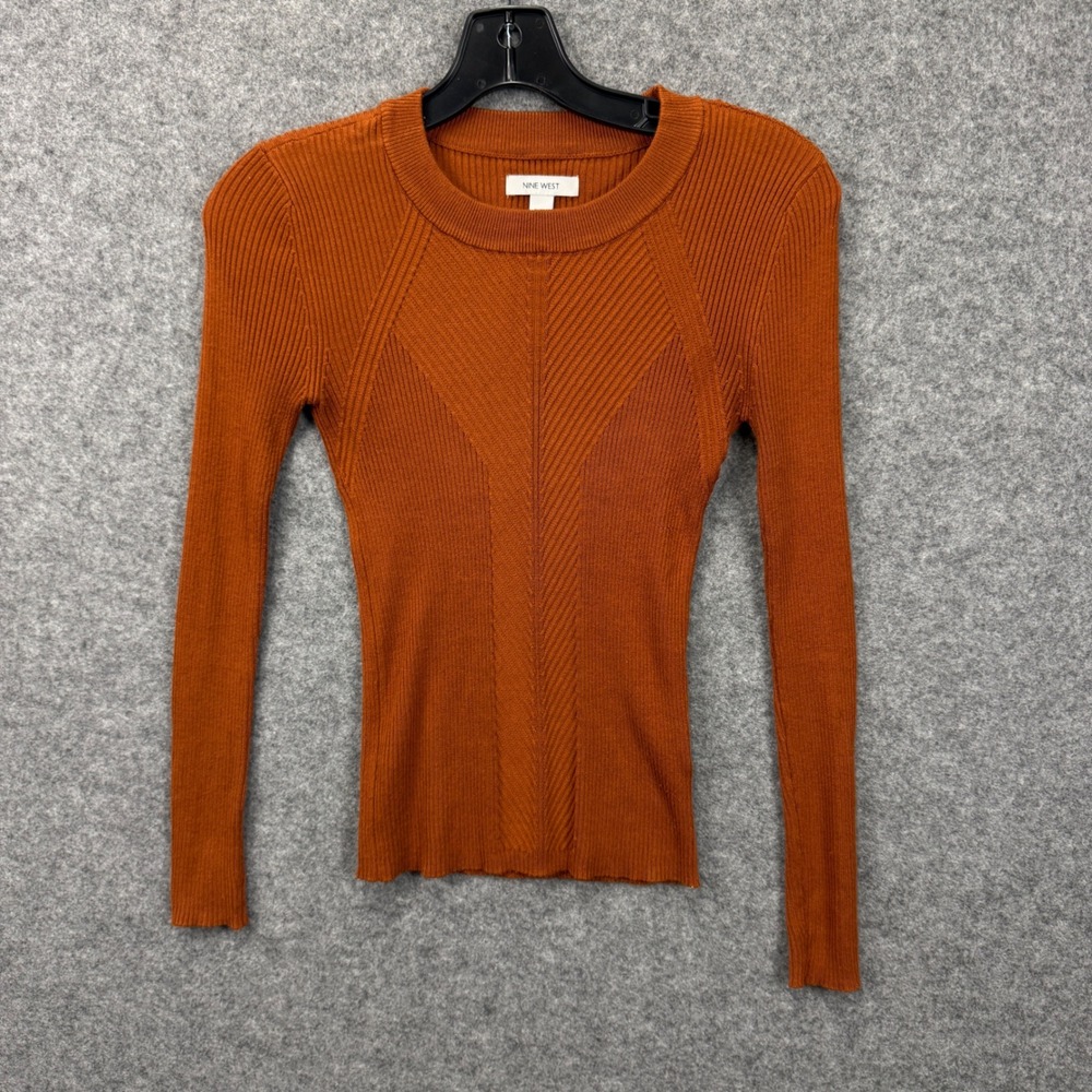 Nine West Womens PXS Burnt Orange Ribbed Knit Long Sleeve Crew Neck Sweater